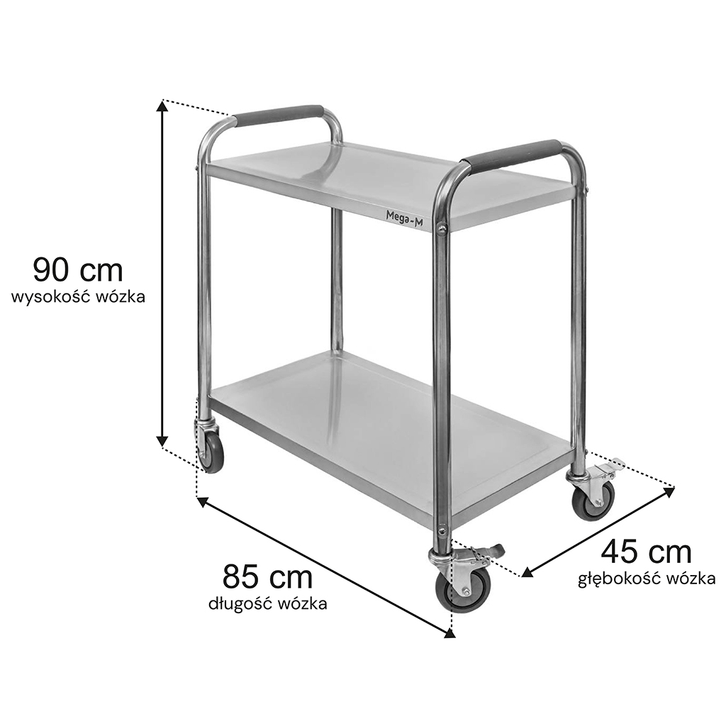 Wózek gastronomiczny kelnerski 85x45x90 cm Mega-M STANDARD 2 półki stal nierdzewna MTP004684 wymiarowanie