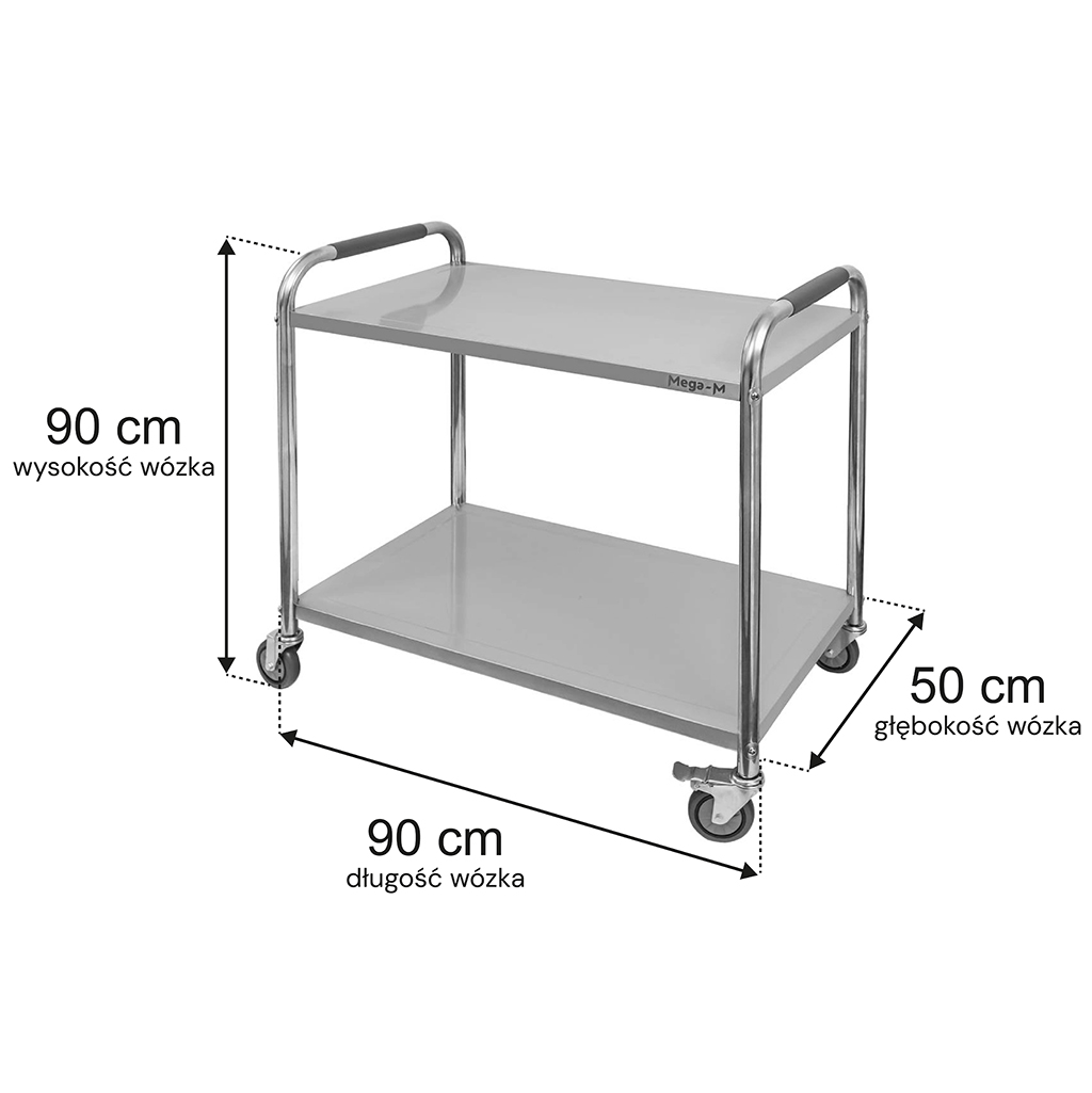 Wózek gastronomiczny kelnerski 90x50x90 cm Mega-M STANDARD 2 półki stal nierdzewna MTP004683 wymiarowanie