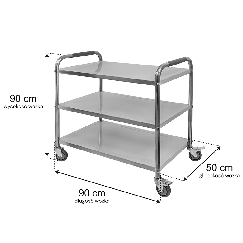 Wózek gastronomiczny kelnerski 90x50x90 cm Mega-M STANDARD 3 półki stal nierdzewna MTP004686 wymiarowanie