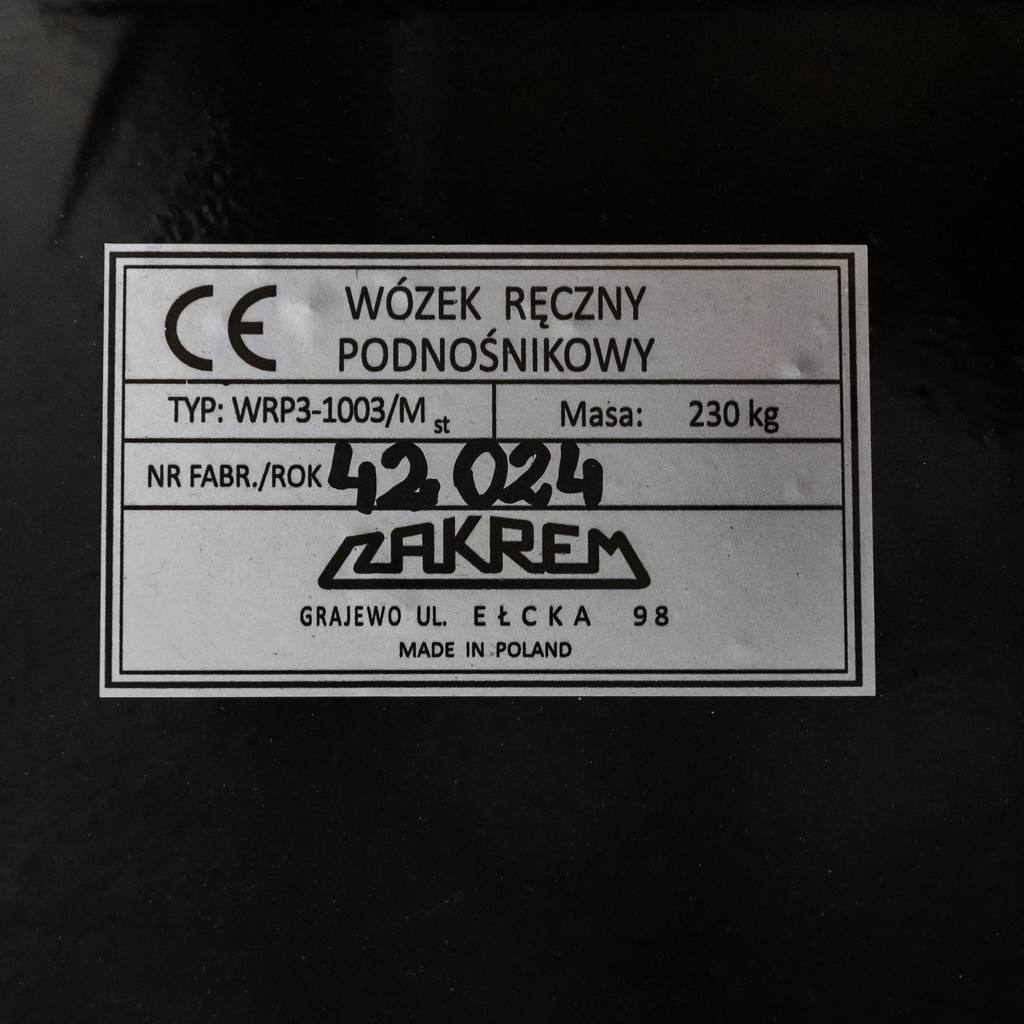 Wózek paletowy masztowy ZAKREM WRP3-1003MST NTN L-115 cm podnoszenie 161 cm MTP006099