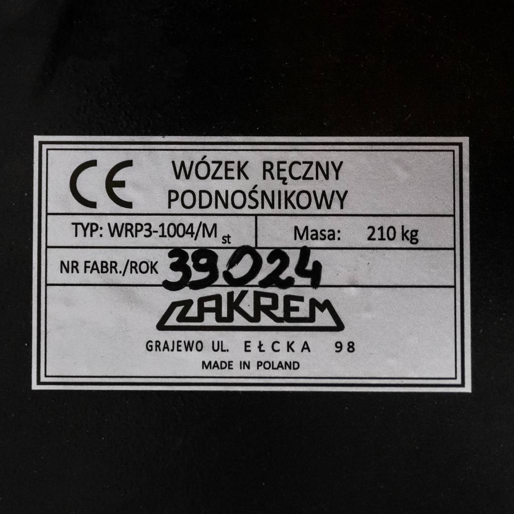 Wózek paletowy masztowy ZAKREM WRP3-1004MST PTP L-115 cm podnoszenie 115 cm MTP006102