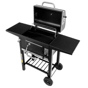 Zdjęcie produktu: Grill ogrodowy węglowy z pokrywą i rusztem emaliowanym Mega-M 2x stolik boczny 42x30 cm