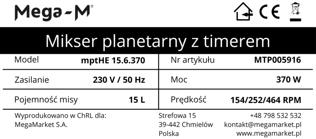 Mikser planetarny z timerem 15L Mega-M mptHE 15.6.370
