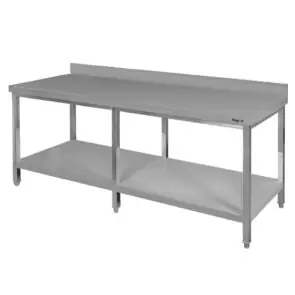 Stół gastronomiczny ze stali nierdzewnej przyścienny z półką i 6 nogami Mega-M 200x70x85 cm