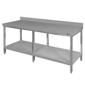 Stół gastronomiczny ze stali nierdzewnej przyścienny z półką i 6 nogami Mega-M 200x80x85 cm