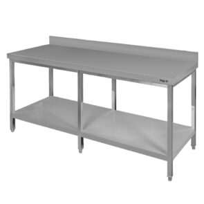 Stół gastronomiczny ze stali nierdzewnej przyścienny z półką i 6 nogami Mega-M 180x80x85 cm