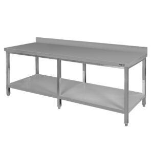 Stół gastronomiczny ze stali nierdzewnej przyścienny z półką i 6 nogami Mega-M 220x70x85 cm