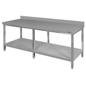 Stół gastronomiczny ze stali nierdzewnej przyścienny z półką i 6 nogami Mega-M 220x80x85 cm
