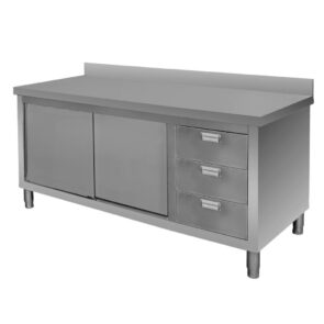 Zdjęcie produktu: Stół gastronomiczny ze stali nierdzewnej spawany przyścienny z szafką i blokiem 3 szuflad Mega-M 160x70x85 cm