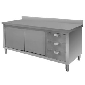 Zdjęcie produktu: Stół gastronomiczny ze stali nierdzewnej spawany przyścienny z szafką i blokiem 3 szuflad Mega-M 180x60x85 cm