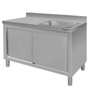 Zlew gastronomiczny spawany z komorą po prawej stronie i szafką Mega-M 120x60x85 cm stal nierdzewna