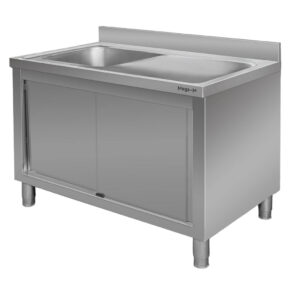 Zlew gastronomiczny spawany z komorą po lewej stronie i z szafką Mega-M 140x60x85 cm stal nierdzewna