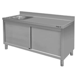 Zlew gastronomiczny spawany z komorą po lewej stronie i szafką Mega-M 160x60x85 cm stal nierdzewna