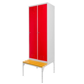 Zdjęcie produktu: Szafka BHP ubraniowa na podstawie z ławeczką Mega-M pracownicza 2-drzwiowa S-60 cm szara/czerwony front