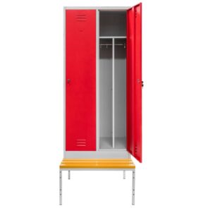 Zdjęcie produktu: Szafka BHP ubraniowa na podstawie z ławeczką Mega-M pracownicza 2-drzwiowa z przegrodami S-80 cm szara/czerwony front