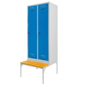 Zdjęcie produktu: Szafka BHP ubraniowa na podstawie z ławeczką Mega-M pracownicza 2-drzwiowa S-60 cm szara/niebieski front