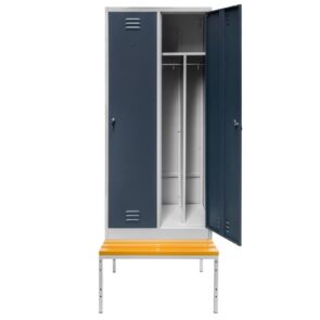 Zdjęcie produktu: Szafka BHP ubraniowa na podstawie z ławeczką Mega-M pracownicza 2-drzwiowa z przegrodami S-80 cm szara/grafitowy front