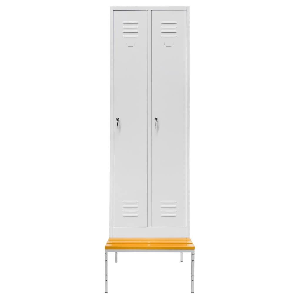 Szafka ubraniowa pracownicza o szerokości 60 cm szara na podstawie z ławką