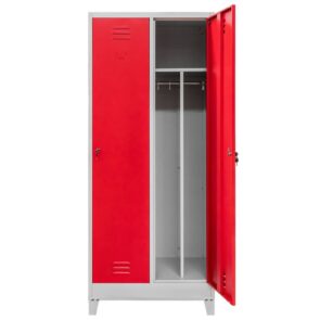 Zdjęcie produktu: Szafka BHP ubraniowa na podstawie z nóżkami Mega-M pracownicza 2-drzwiowa z przegrodami S-80 cm szara/czerwony front