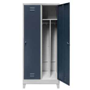 Zdjęcie produktu: Szafka BHP ubraniowa na podstawie z nóżkami Mega-M pracownicza 2-drzwiowa z przegrodami S-80 cm szara/grafitowy front