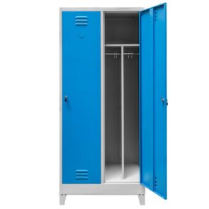 Zdjęcie produktu: Szafka BHP ubraniowa na podstawie z nóżkami Mega-M pracownicza 2-drzwiowa z przegrodami S-80 cm szara/niebieski front