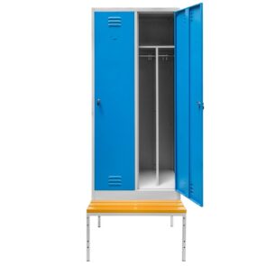 Zdjęcie produktu: Szafka BHP ubraniowa na podstawie z ławeczką Mega-M pracownicza 2-drzwiowa z przegrodami S-80 cm szara/niebieski front