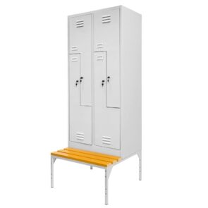 Zdjęcie produktu: Szafka ubraniowa BHP na podstawie z ławeczką Mega-M pracownicza 4-drzwiowa typ "L" S-80 cm szara
