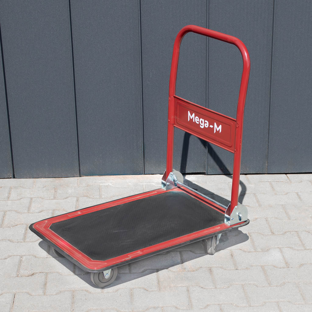 wózek platformowy, wózek transportowy, wózek magazynowy, wózek z antypoślizgową platformą, wózek ręczny do magazynu, solidny wózek transportowy, kompaktowy wózek magazynowy, wózek z kołami skrętnymi