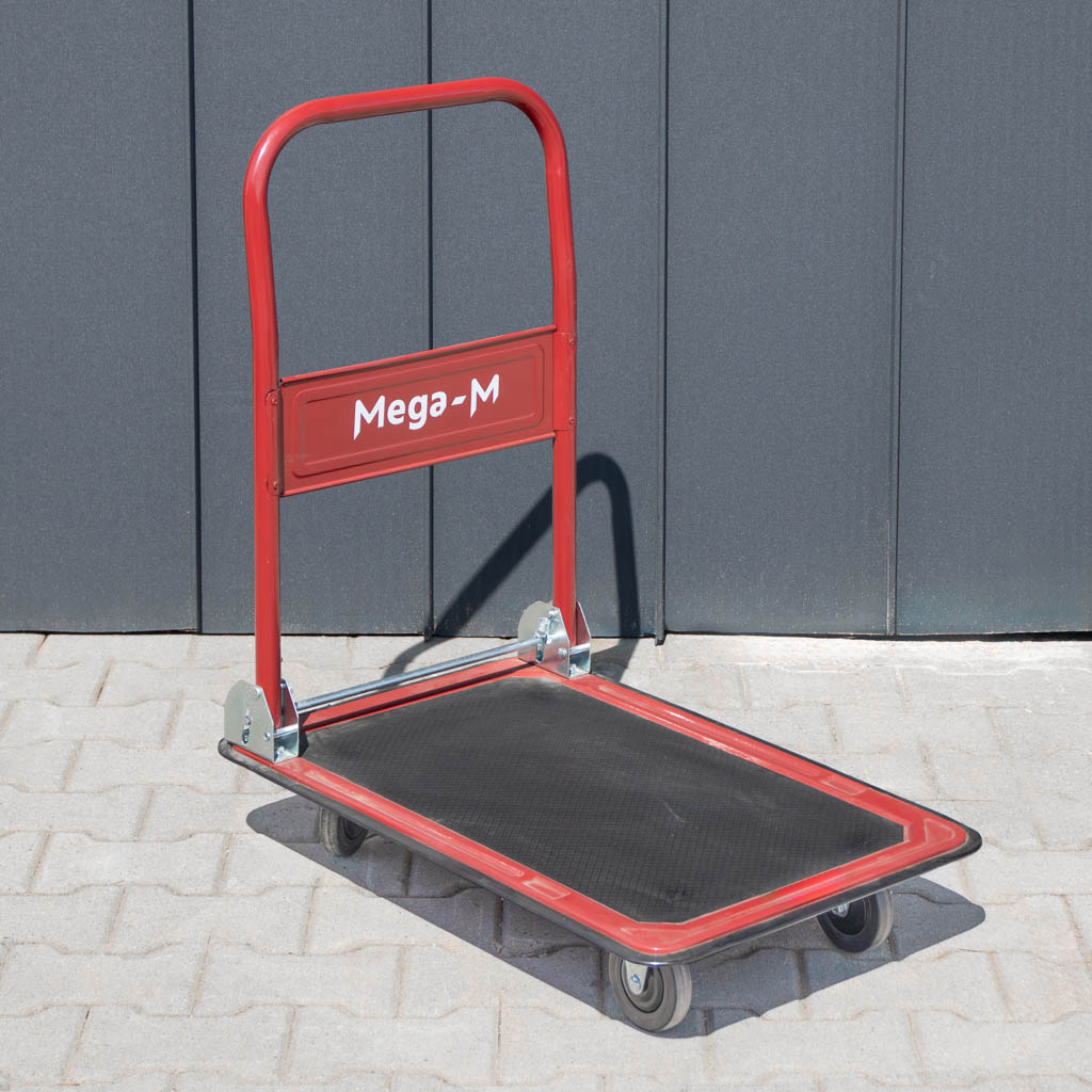 wózek platformowy, wózek transportowy, wózek magazynowy, wózek z antypoślizgową platformą, wózek ręczny do magazynu, solidny wózek transportowy, kompaktowy wózek magazynowy, wózek z kołami skrętnymi