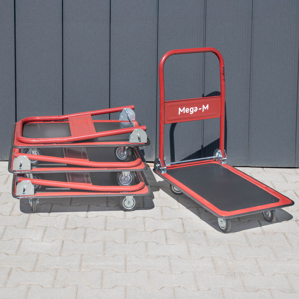 wózek platformowy, wózek transportowy, wózek magazynowy, wózek z antypoślizgową platformą, wózek ręczny do magazynu, solidny wózek transportowy, kompaktowy wózek magazynowy, wózek z kołami skrętnymi