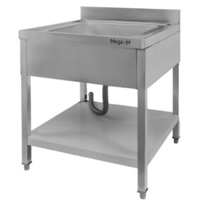 Zdjęcie produktu: Zlew gastronomiczny jednokomorowy z maskownicą, półką i syfonem z rurą odpływową Mega-M 70x70x85 cm stal nierdzewna