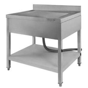 Zdjęcie produktu: Zlew gastronomiczny jednokomorowy z maskownicą, półką i syfonem z rurą odpływową Mega-M 80x60x85 cm stal nierdzewna