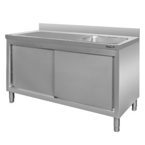 Zlew gastronomiczny spawany z komorą po prawej stronie i szafką Mega-M 140x60x85 cm stal nierdzewna