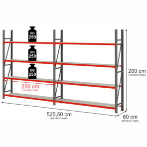 Zdjęcie produktu: Regał magazynowy 8-półkowy Mega-M FORTIS H-200 cm L-525.5 cm G-60 cm