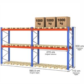 Regał magazynowy paletowy STOW 0+2 H-300 cm L-565.5 cm 1000 kg nośność na parę trawersów