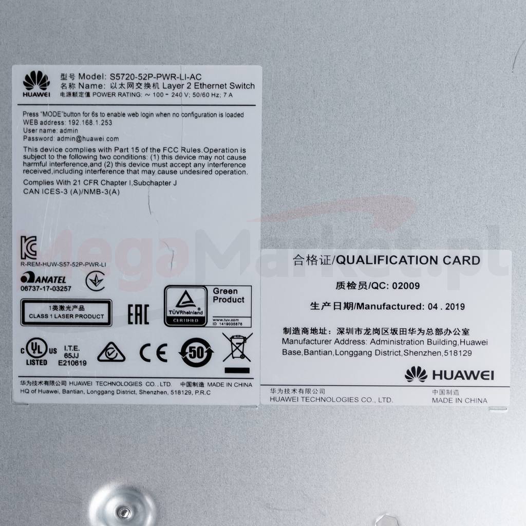 Huawei S5720-52P-PWR-LI-AC, switch Huawei 48 portów, przełącznik POE+, switch 48x gigabit, switch z POE+ 4x SFP, przełącznik do monitoringu IP, switch zarządzalny Huawei, switch do sieci LAN, switch z zasilaczem AC, switch warstwy 2+