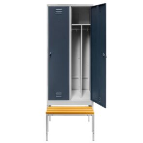 Zdjęcie produktu: Szafka BHP ubraniowa na podstawie z wysuwaną ławeczką Mega-M pracownicza 2-drzwiowa z przegrodami S-80 cm szara/grafitowy front