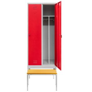 Zdjęcie produktu: Szafka BHP ubraniowa na podstawie z wysuwaną ławeczką Mega-M pracownicza 2-drzwiowa z przegrodami S-80 cm szara/czerwony front