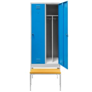 Zdjęcie produktu: Szafka BHP ubraniowa na podstawie z wysuwaną ławeczką Mega-M pracownicza 2-drzwiowa z przegrodami S-80 cm szara/niebieski front
