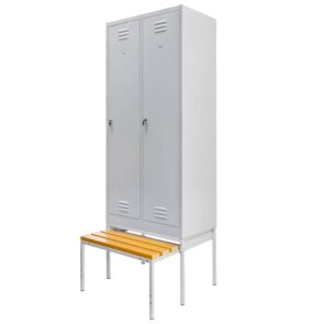 Zdjęcie produktu: Szafka BHP ubraniowa na podstawie z wysuwaną ławeczką Mega-M pracownicza 2-drzwiowa S-80 cm szara