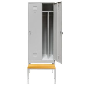 Zdjęcie produktu: Szafka BHP ubraniowa na podstawie z wysuwaną ławeczką Mega-M pracownicza 2-drzwiowa z przegrodami S-80 cm szara