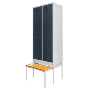 Zdjęcie produktu: Szafka BHP ubraniowa na podstawie z wysuwaną ławeczką Mega-M pracownicza 2-drzwiowa S-80 cm szara/grafitowy front