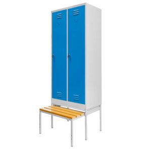 Zdjęcie produktu: Szafka BHP ubraniowa na podstawie z wysuwaną ławeczką Mega-M pracownicza 2-drzwiowa S-80 cm szara/niebieski front