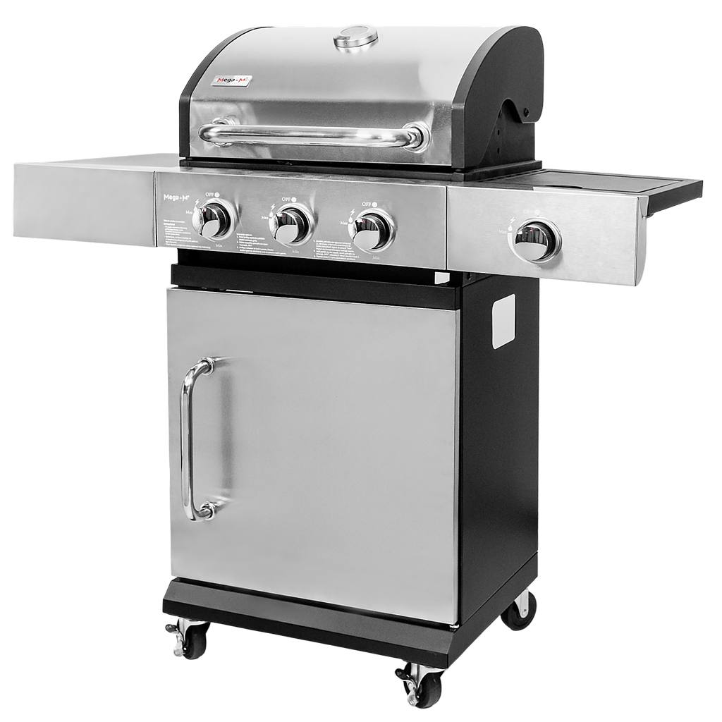 Grill ogrodowy gazowy Mega-M 3+1 ze stolikiem bocznym z pokrywą i drzwiczkami ze stali nierdzewnej