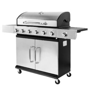 Zdjęcie produktu: Grill ogrodowy gazowy Mega-M 6+1 ze stolikiem bocznym z pokrywą i drzwiczkami ze stali nierdzewnej reduktor + wąż gazowy