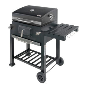 Grill ogrodowy węglowy z pokrywą Mega-M 1x stolik boczny 55x42 cm czarny