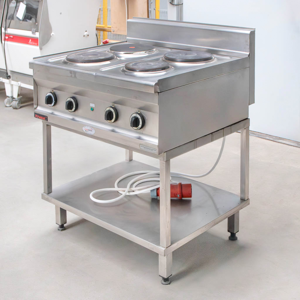 kuchnia elektryczna gastronomiczna, kuchnia 4-płytowa, kuchnia ze stali nierdzewnej, sprzęt kuchenny do restauracji, kuchnia elektryczna z półką, urządzenia gastronomiczne