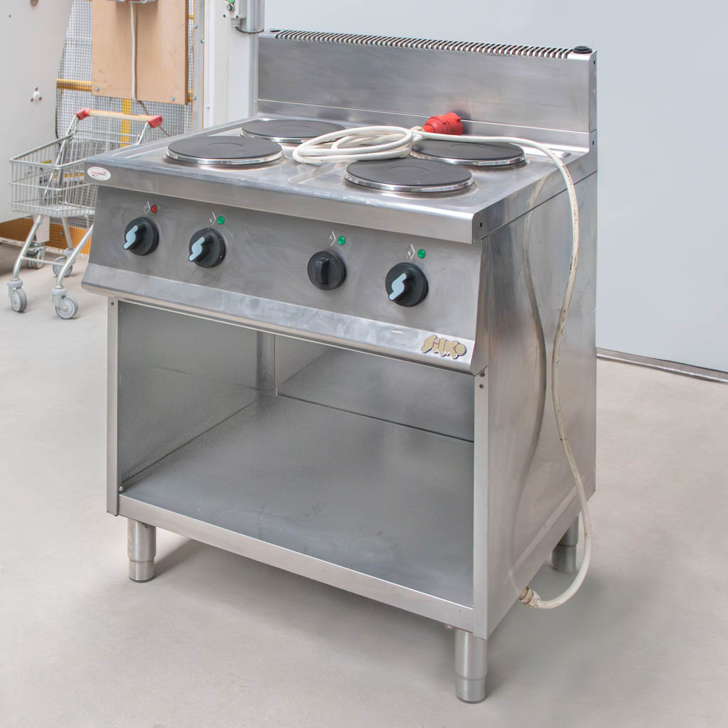 kuchnia elektryczna gastronomiczna, kuchnia 4-płytowa, kuchnia ze stali nierdzewnej, sprzęt kuchenny do restauracji, kuchnia elektryczna z półką, urządzenia gastronomiczne