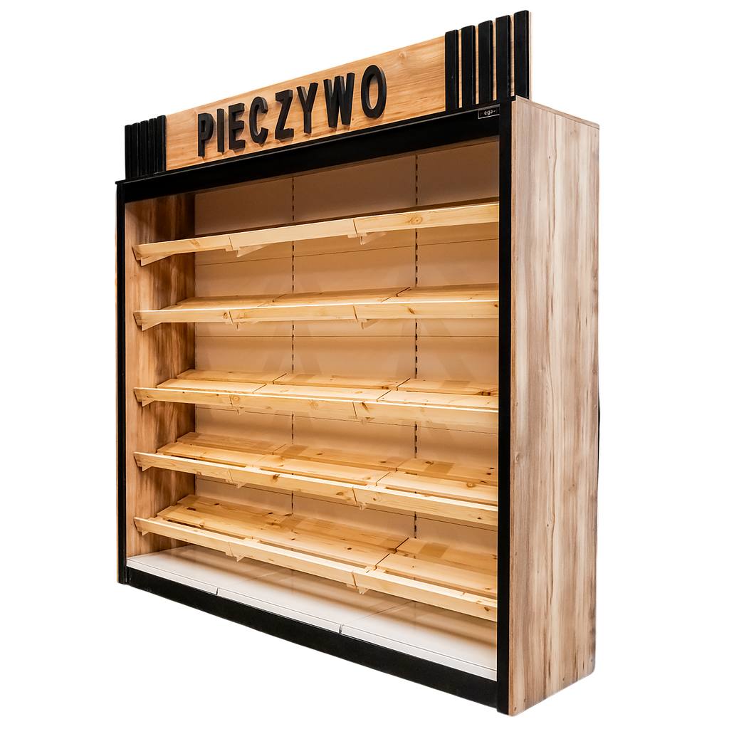 regał piekarniczy, regał na pieczywo z banerem, regał sklepowy na chleb, meble do piekarni, ekspozycja pieczywa, regały do cukierni, wyposażenie sklepów