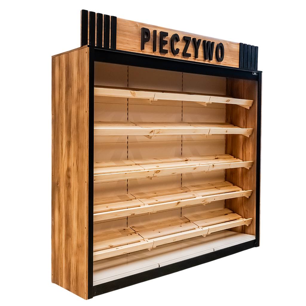 regał piekarniczy, regał na pieczywo z banerem, regał sklepowy na chleb, meble do piekarni, ekspozycja pieczywa, regały do cukierni, wyposażenie sklepów
